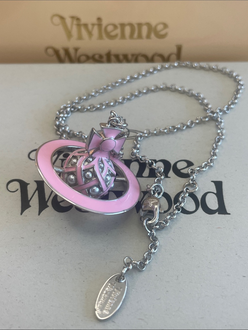 Vivienne Westwood Silver Chain Necklace with Pink Enamel Orb Pendant